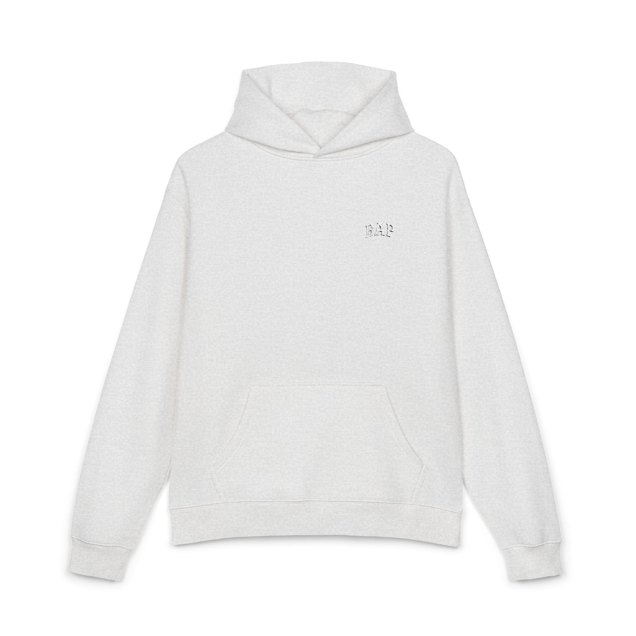 Minimal White "BAP" Relaxed Hoodie — Small Chest Logo Casual Pullover