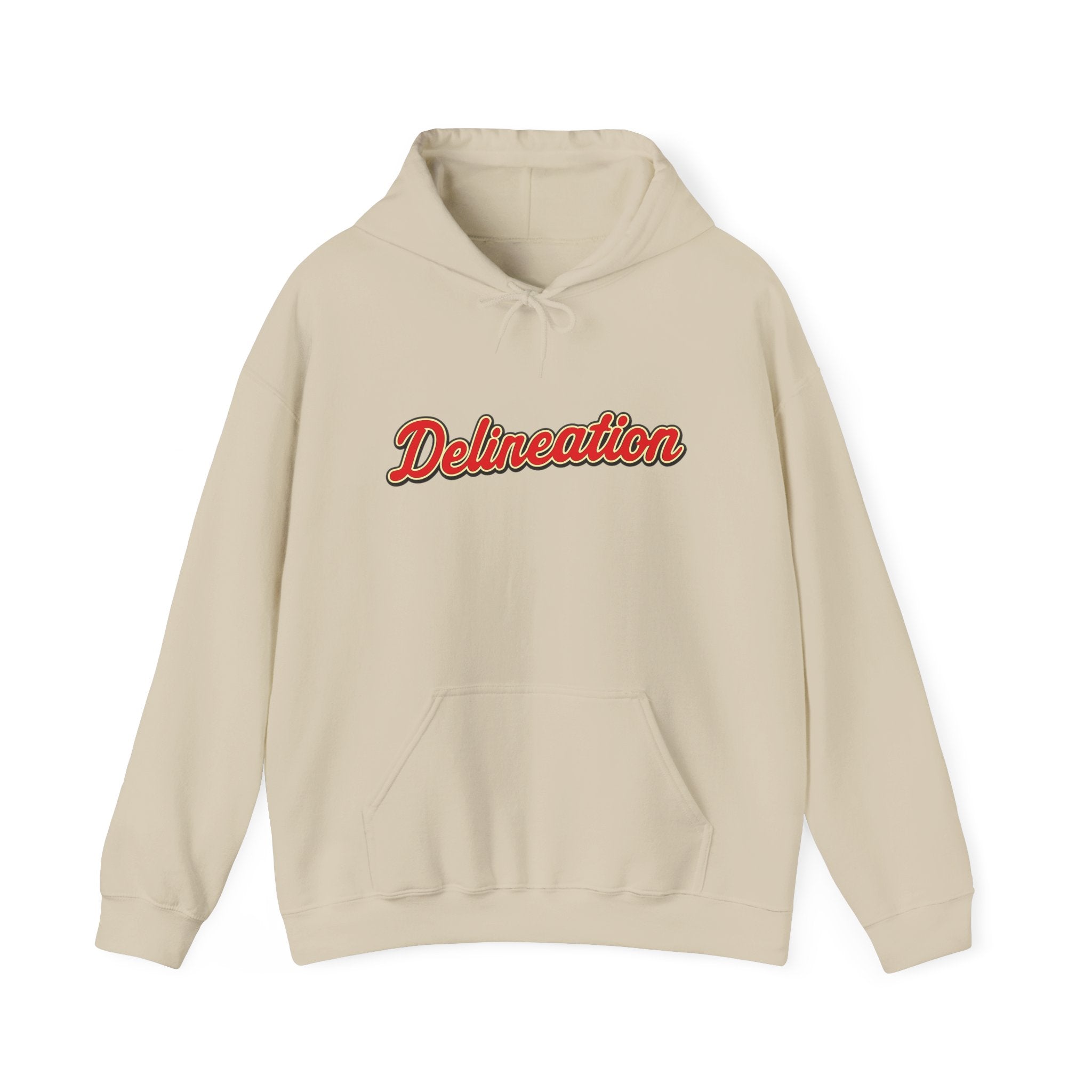 Delirеation Script Hoodie — Retro Red Cursive Graphic Hooded Sweatshirt