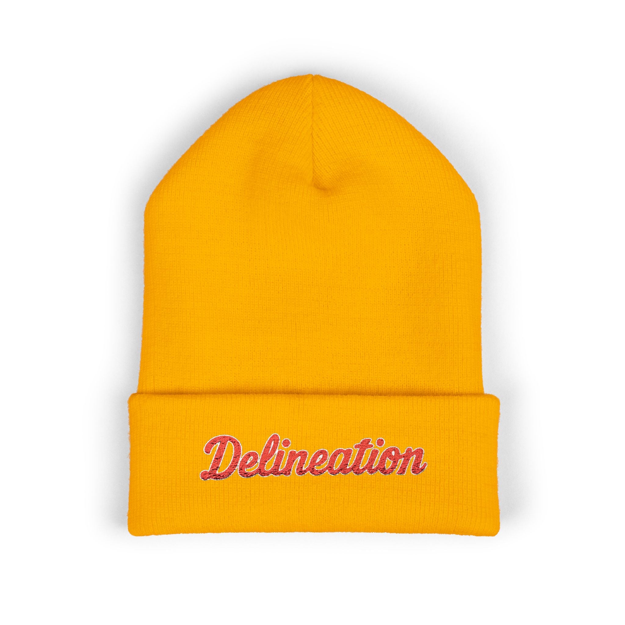 Delineation Embroidered Cuffed Beanie — Retro Script Knit Hat